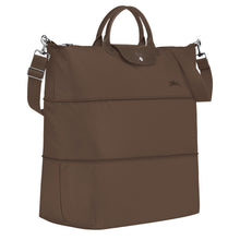 Load image into Gallery viewer, Longchamp Le Pliage Green Travel Bag Expandable in Terra brown canvas and matching leather accents and silver colored hardware
