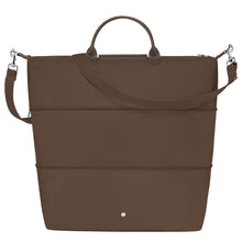 Load image into Gallery viewer, Fully expanded Longchamp Le Pliage Green Travel Bag Expandable in Terra brown canvas and matching leather accents and silver colored hardware
