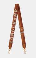 Shoulder strap in two shades of brown with LONGCHAMP written in tan