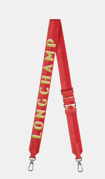 Red and Pink Shoulder strap with LONGCHAMP written in light green