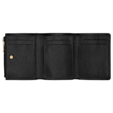 Load image into Gallery viewer, open black wallet showing many pockets and a gold zipper along one side
