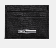 Load image into Gallery viewer, Black Longchamp Le Roseau Card Holder Silver color metallic hardware
