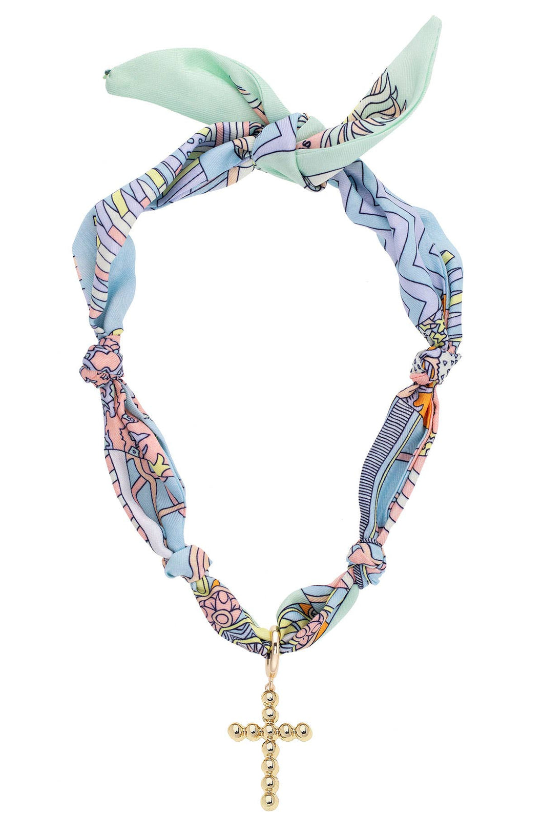 pastel fabric necklace with gold cross pendant 