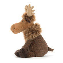 Load image into Gallery viewer, Side view of Jellycat Birchly Moose plush toy showing its long tan muzzle, beige antlers, shaggy brown mane and short tail.


