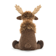 Load image into Gallery viewer, Back view of Jellycat Birchly Moose plush toy showing its brown body, short tail, shaggy mane and beige antlers.

