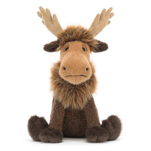 Load image into Gallery viewer, Jellycat Birchly Moose plush toy sitting upright, with a brown body, shaggy mane, tan muzzle and beige antlers.

