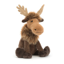 Load image into Gallery viewer, Jellycat Birchly Moose plush toy viewed at an angle, with beige antlers, a tan muzzle, shaggy brown mane and dark brown hooves.


