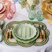 Load image into Gallery viewer, Juliska Berry &amp; Thread Melamine Seagrass dinner plate and striped salad plate on a set table
