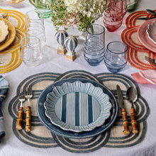 Load image into Gallery viewer, Juliska Berry &amp; Thread Melamine ocean dinner plate and striped salad plate on a set table
