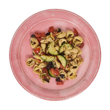 Load image into Gallery viewer, Juliska Berry &amp; Thread Melamine Dinner Plate in coral with pasta salad
