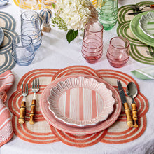 Load image into Gallery viewer, Juliska Berry &amp; Thread Melamine coral dinner plate and striped salad plate on a set table
