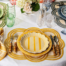 Load image into Gallery viewer, Juliska Berry &amp; Thread Melamine sunshine dinner plate and striped salad plate on a set table
