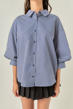 Load image into Gallery viewer, Striped Balloon Sleeve Shirt untucked showing the button down front 
