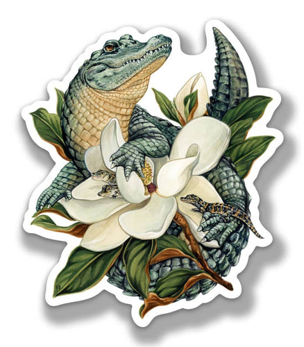 sticker with a gator with magnolia and three  small baby gators 