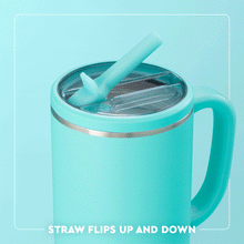 Load image into Gallery viewer, Graphic of Mega Mug 40oz showing movement of the straw text reads Straw flips up and down
