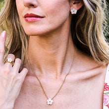 Load image into Gallery viewer, woman wearing gold chain necklace with mother of pearl flower shaped pendant and matching earrings
