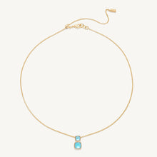 Load image into Gallery viewer, thin gold chain with two square blue stone pendant and lobster claw clasp
