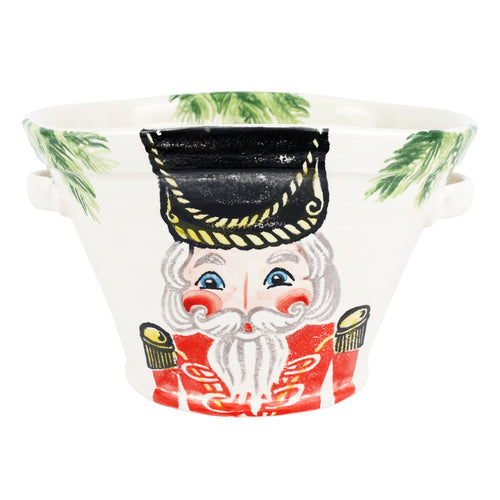 Vietri Nutcrackers Celebration Bucket with nutcracker with a red coat