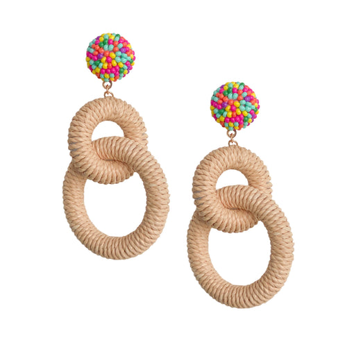 earrings with two loops of Natural colored Raffia dangling from a circle of multi colored beads 