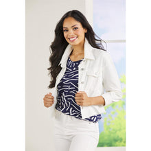 Load image into Gallery viewer, woman in a white jacket, blue and white striped shirt and white pants with the hem of the shirt tied in a knot
