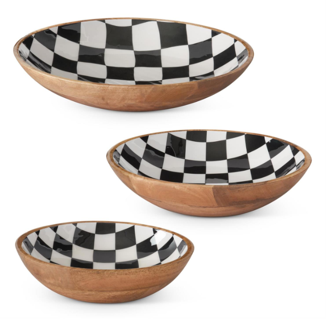 Nested Black & White Check Enameled on Wood Bowl