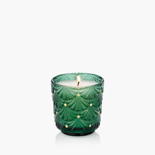 Load image into Gallery viewer, lit candle in textured green and gold glass jar
