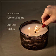 Load image into Gallery viewer, Person lighting a candle text reads Durn time up to 438 hours ounces 18 oz

