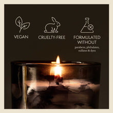 Load image into Gallery viewer, lit candles with text reads vegan cruelty free formulated without parabens phthalates sulfates &amp; dyes
