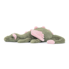 Load image into Gallery viewer, Pink and green Jellycat Malachy Dragon side view

