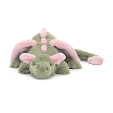 Load image into Gallery viewer, Pink and green Jellycat Malachy Dragon front view
