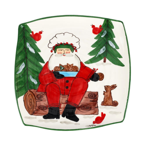 Vietri Old St. Nick 2025 Limited Edition Square Platter with Santa feeding cookies to rabbits and birds