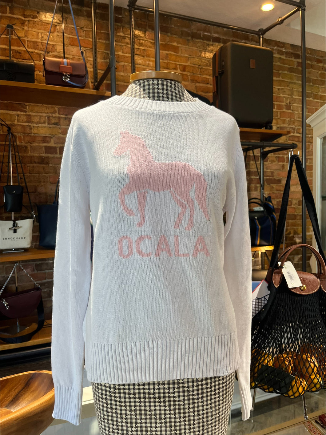 Ocala Horse Crewneck Sweater - White w/ Pink