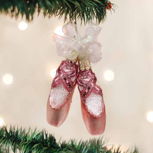 Pink ballet slipper ornament on a tree