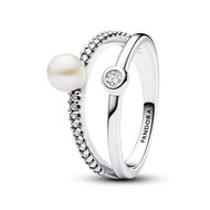 PANDORA Treated Freshwater Cultured Pearl & Pavé Double Band Ring