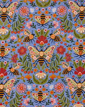 Load image into Gallery viewer, blue fabric with a busy print featuring bees and pink red and orange flowers and green leaves 
