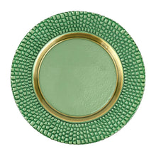 Load image into Gallery viewer, Vietri Pelli Glass Green Charger green plate with textured wide border with gold center rim
