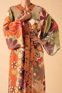 70s Kaleidoscope Floral Kimono Gown - Sage