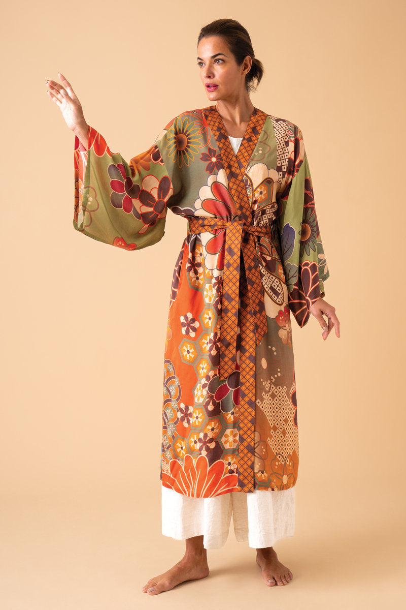 70s Kaleidoscope Floral Kimono Gown - Sage