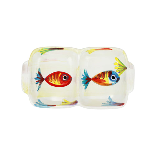 Two part server painted with colorful fish