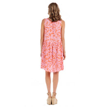 Load image into Gallery viewer, woman in a orange and pink floral dress photographed from the backl
