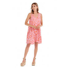Load image into Gallery viewer, woman in a orange and pink floral dress
