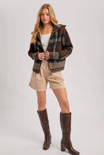 Load image into Gallery viewer, person wearing the Plaid Fuzzy Knit Sweater Jacket in shades of mocha
