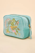 Load image into Gallery viewer, Velvet Embroidered Make Up Bag - Hummingbird, Aqua
