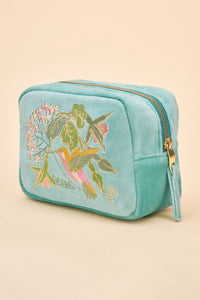 Velvet Embroidered Make Up Bag - Hummingbird, Aqua