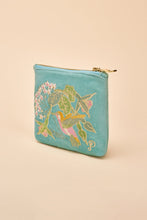 Load image into Gallery viewer, Velvet Embroidered Mini Pouch - Hummingbird, Aqua
