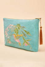 Load image into Gallery viewer, Velvet Embroidered Zip Pouch - Hummingbird, Aqua
