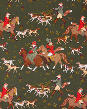 Load image into Gallery viewer, A repeating pattern of fox hunting scenes on an olive green background, featuring riders on horseback and foxhounds, with fox tails and small floral details.
