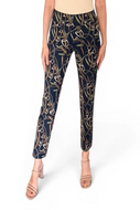 Navy pants with gold pattern worn by a person on a white background