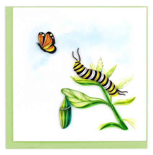 Quilled card with a black yellow and white caterpillar and yellow orange and black butterfly