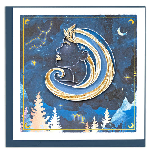 blue quilled card with woman's face in profile set against the night sky showing a star constellation